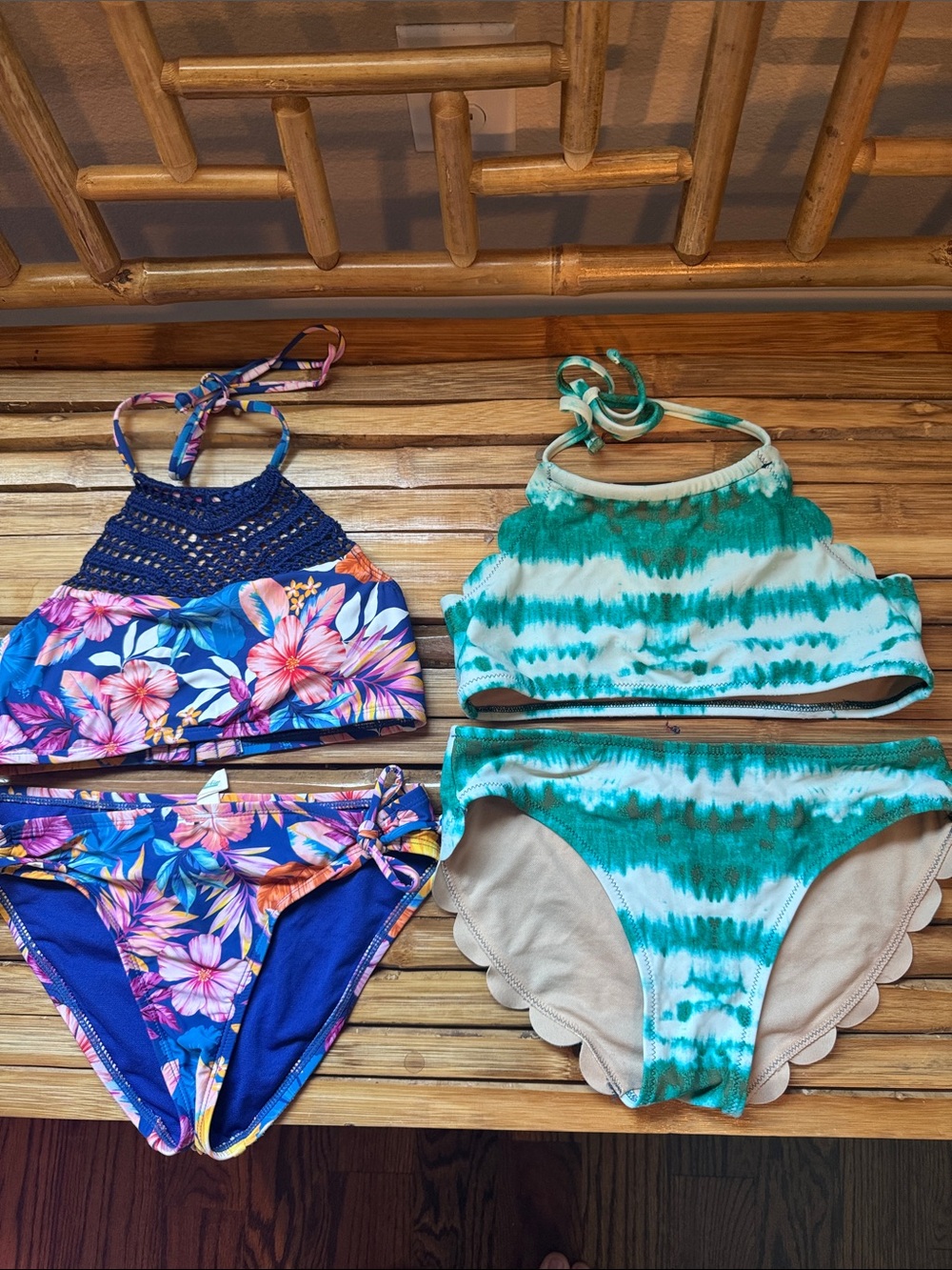 💙🩵 Set of 2 Girls Sz 12 Bikins Hobie Kids Floral Swimsuit and Teal Tie-Dye